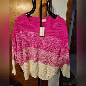NO COMMENT PLUS Pinks & White Cable Knit 3/4" Sleeves Sweater Size 3X